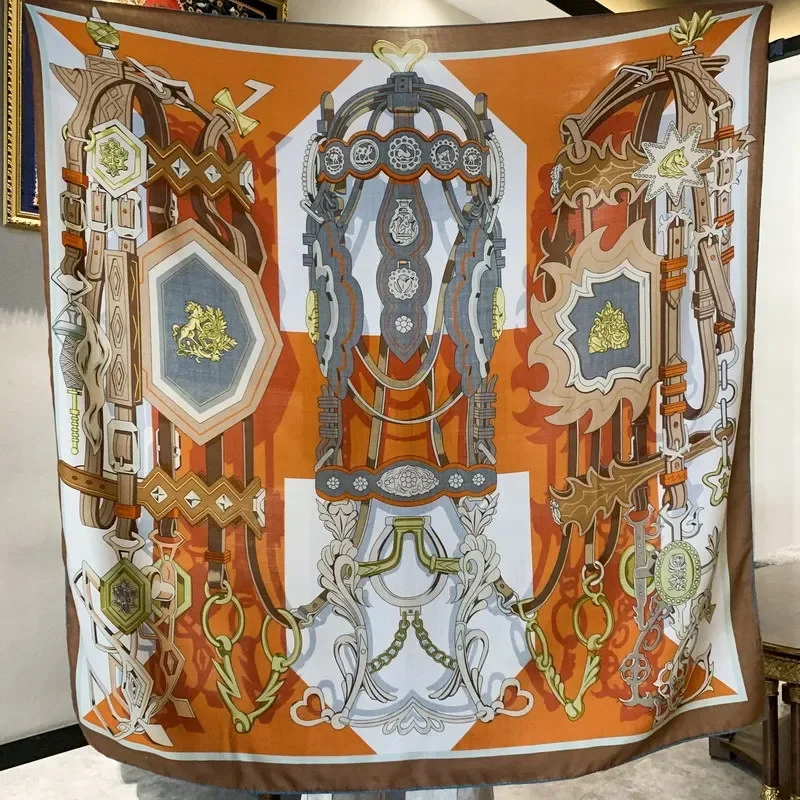 

High-end Elegant Women Exquisite Bridle and Fate Double Sided Print Quality Silk Wool Hand-rolled Edge Large Square Scarf Shawl