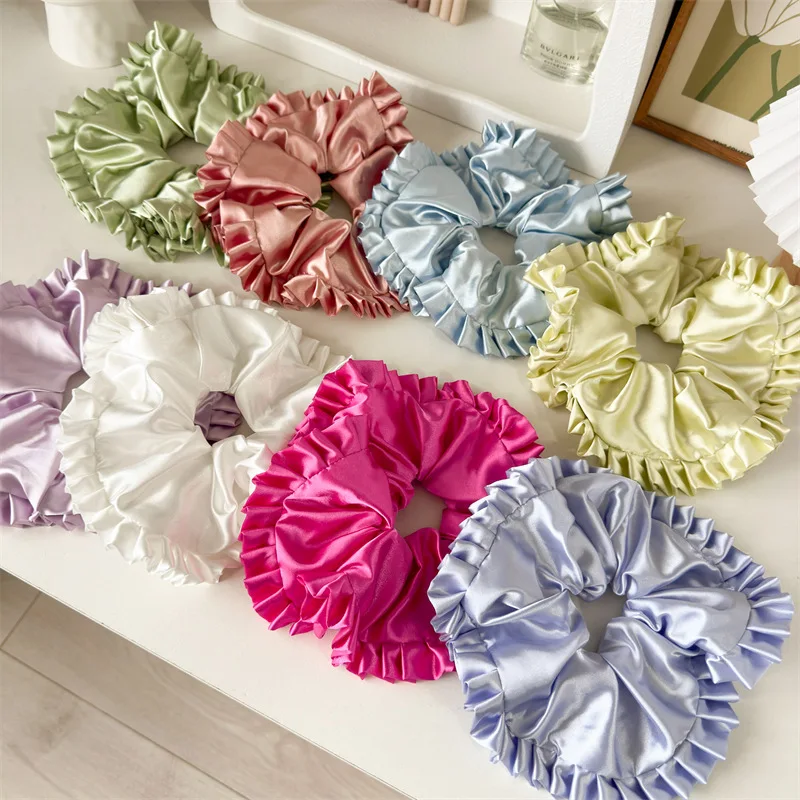 رباط شعر دانتيل مطوي باليه أنيق جديد كبير من الساتان الفرنسي حلقة كبيرة ربطة رأس كروية شريط مطاطي للشعر