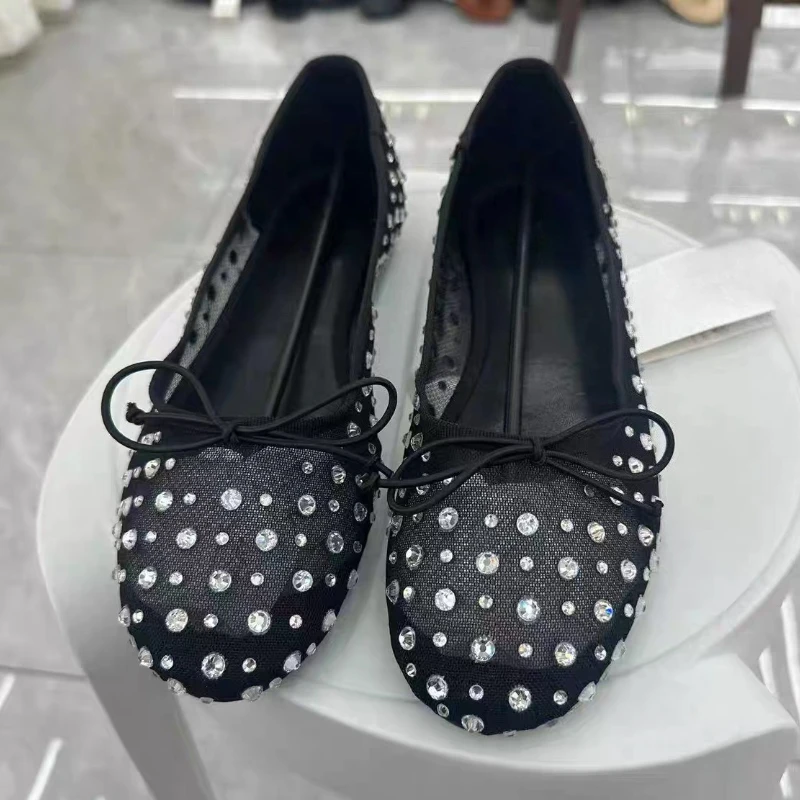 

Rhinestone Mesh Sandals Mary Jane Shoes Women Breathable Round Toe Shallow Bow Dress Shoes Comfy Beach Brand Ballet Shoes Female