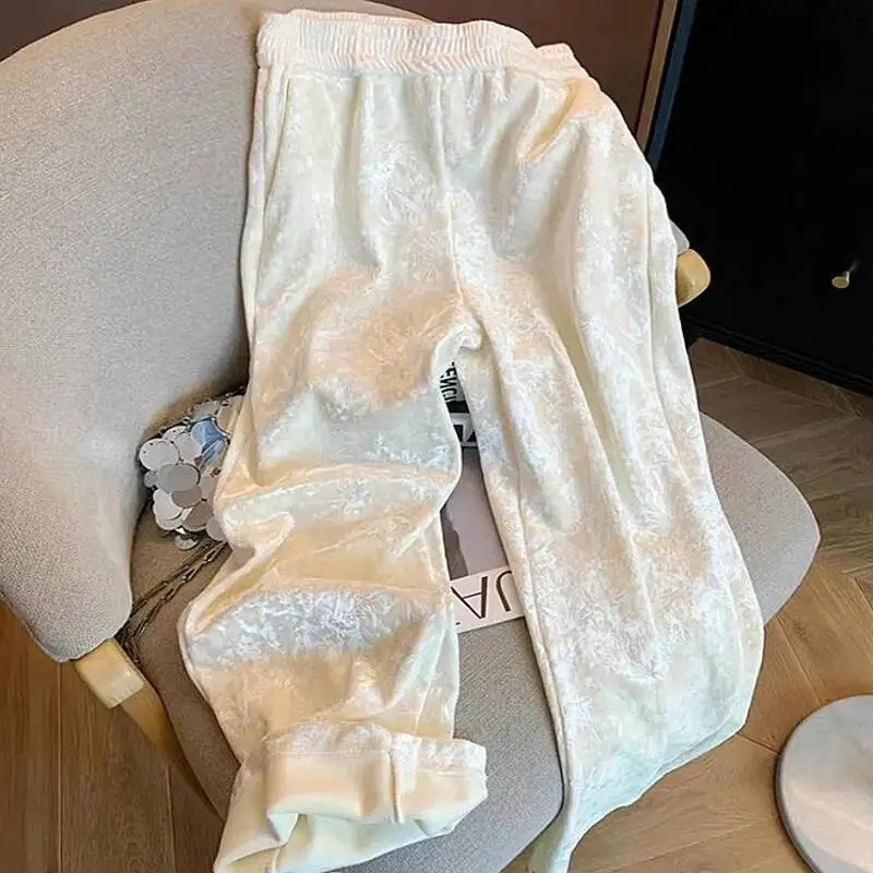 

High Waist Velvet Floral Embroidery Wide Leg Pants Women's Autumn Winter Slimming Trendy Trousers Casual High-End Feel