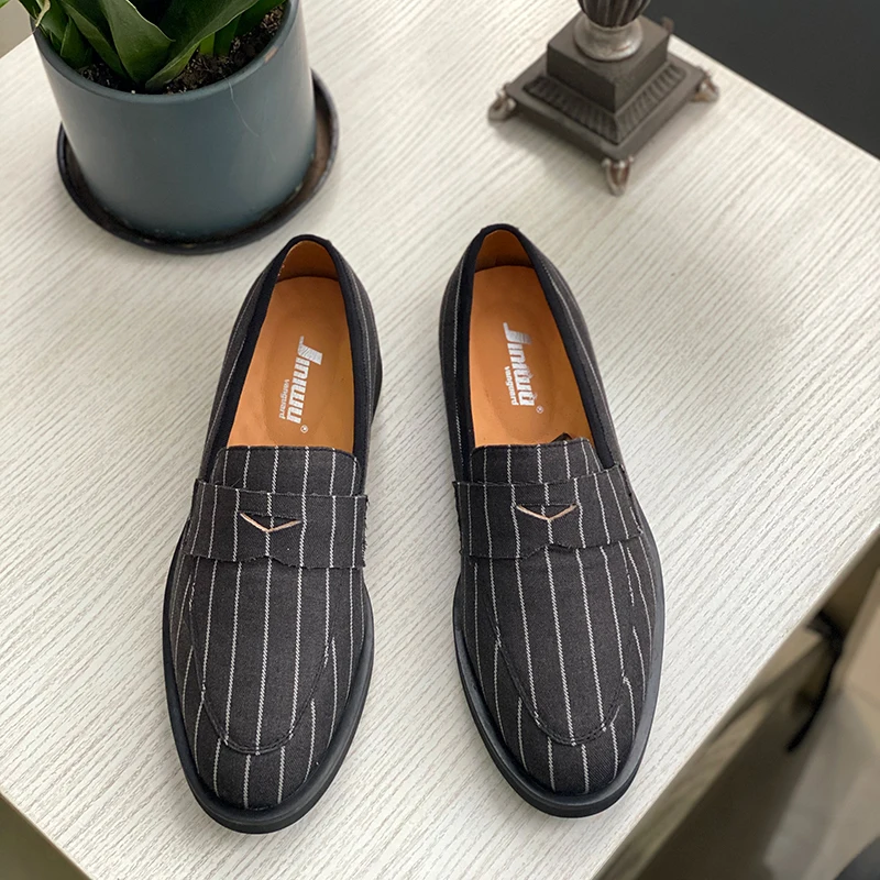 

New style handmade casual striped canvas leather shoes in spring and summer Round toe flat high heel large and small men's shoes