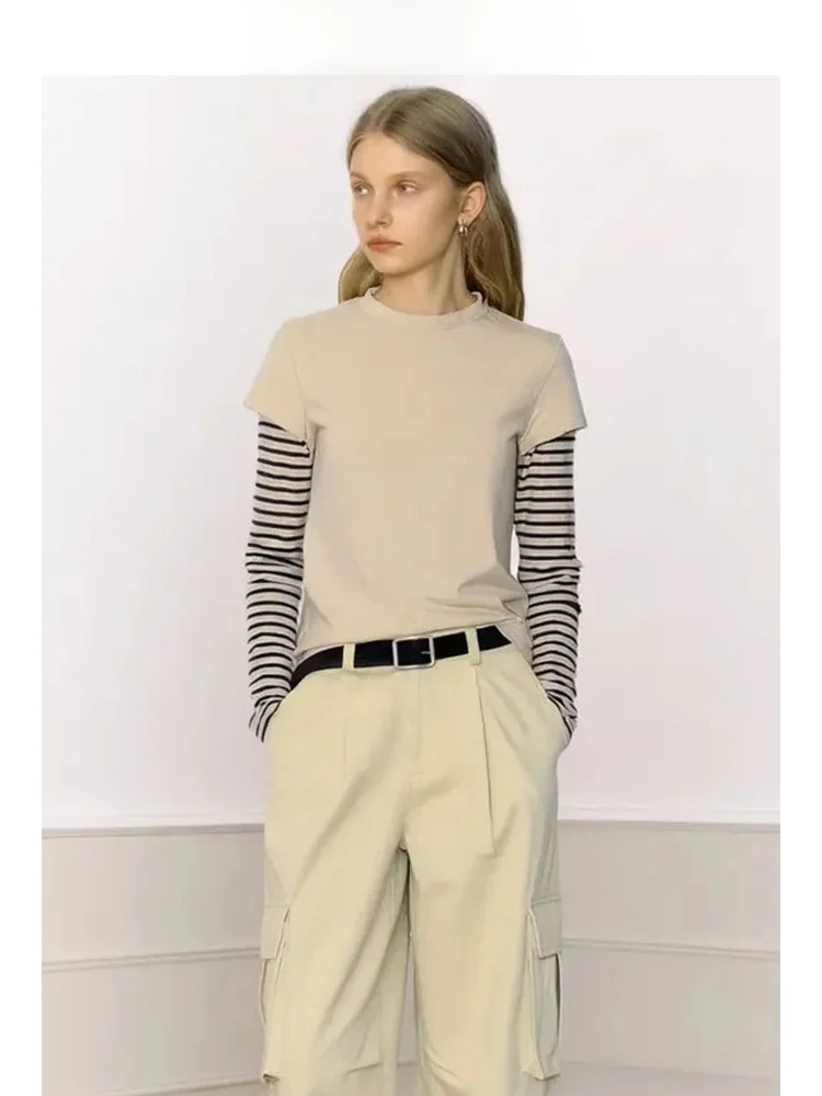 

ZhuoZhi Long Sve Striped T-irt round Ne Splicing Women's Top Commute Sle Stand Fit Classic Pattern Autumn New Arr...