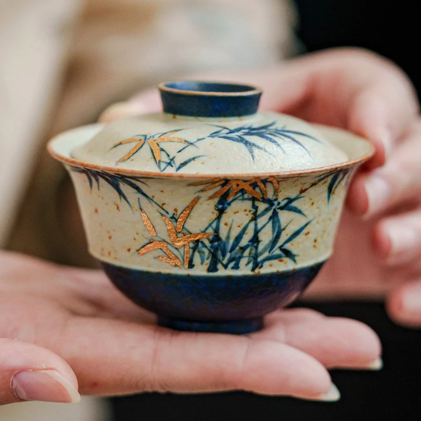 Flint Red Orchid Bamboo Ceramic Cover Bowl TeaSet Household TeaBowl High-grade Hand-painted TeaCup with Lid Anti-scalding TeaCup