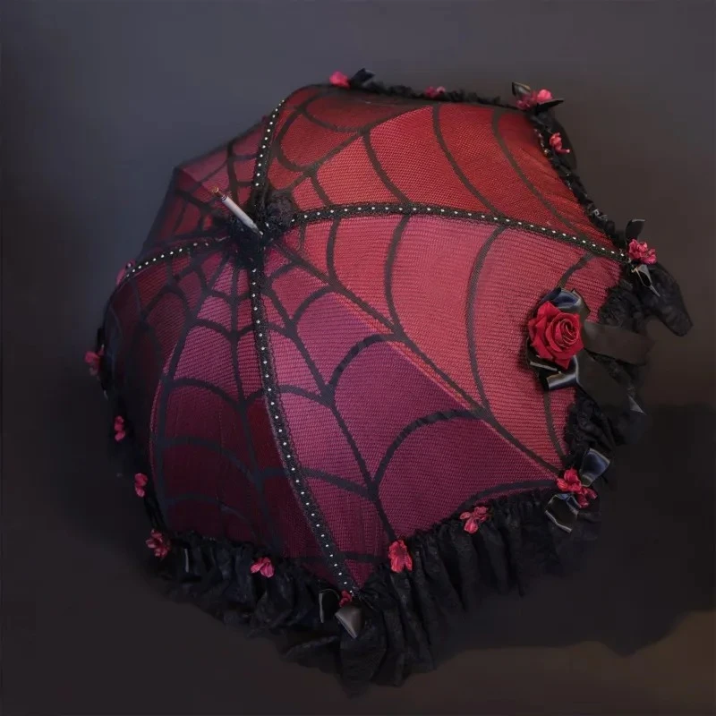 Gothic dark burgundy spider web exquisite lo umbrella lace bow rose atmosphere decorative weather and rain umbrella