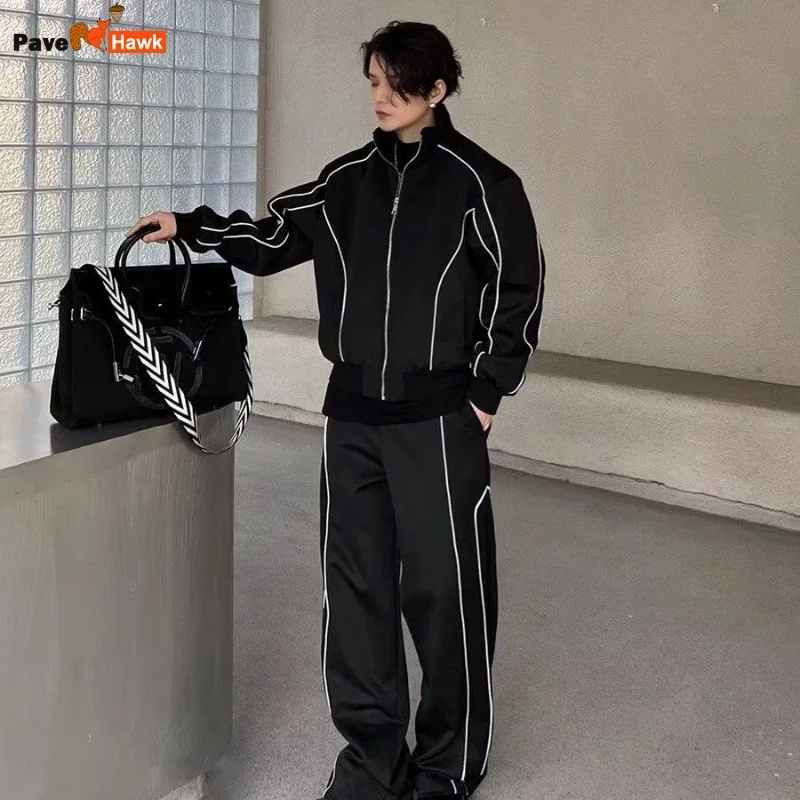 Sports 2 Pcs Set Men High Street Stripe Sportswear Short Jacket +loose Wide-leg Pant Casual Retro Streetwear Unisex Suit Autumn