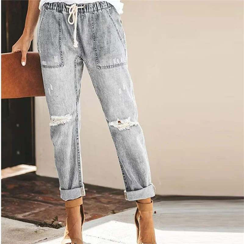 Women's Elasticated Waist Drawstring Tie Straight Jeans Fashion Broken Holes Denim Pants Ladies Summer Casual Commuter Trousers