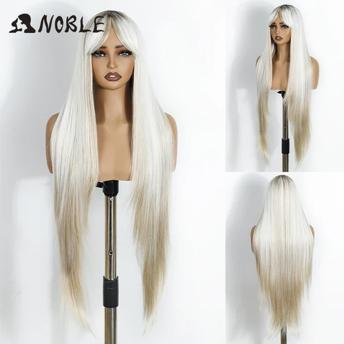 Imagen 2 del producto Peluca sintética Noble con flequillo, peluca blanca recta larga de 36 pulgadas, peluca rubia ombré, peluca de color para mujer, peluca de Cosplay para mujer