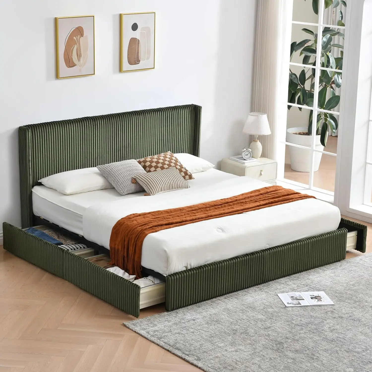 King Upholstered Bed Frame 4 Storage Drawers Vertical-Striped Headboard Slatted Wood Support Easy Assembly, Customized