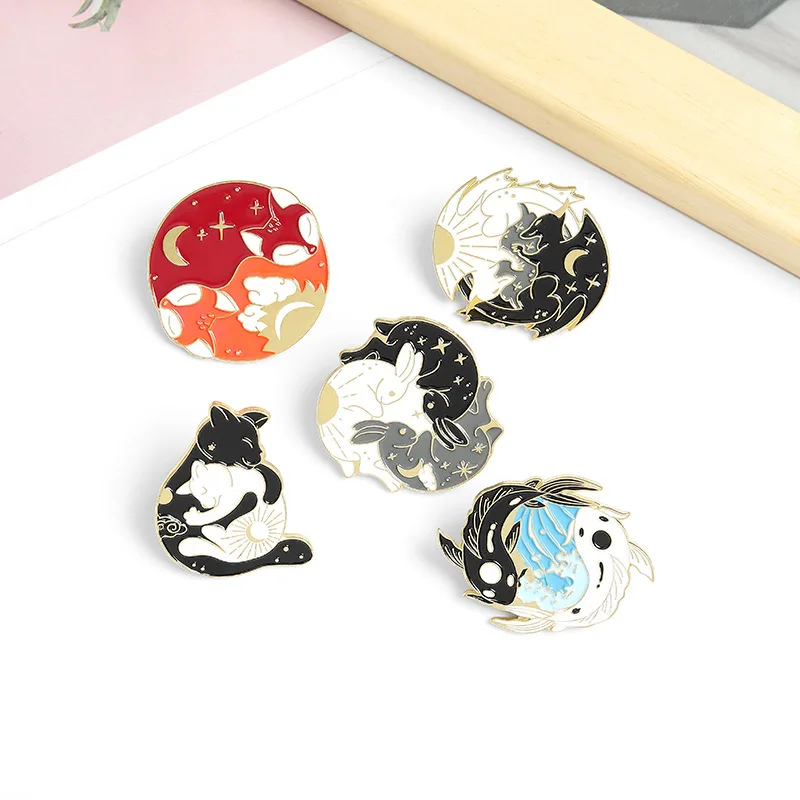 Day and Night Enamel Pins Custom Sun Moon Fox Koi Rabbit Bat Wolf Brooch Bag Clothes Lapel Pin Badge Starry Animal Jewelry Gift