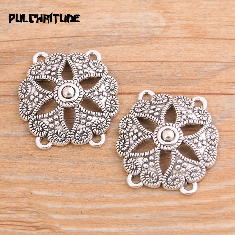 PULCHRITUDE 6pcs 28*30mm New Product Two Color Zinc Alloy Hollow Flower Porous Connectors Jewelry Making DIY Handmade Craft