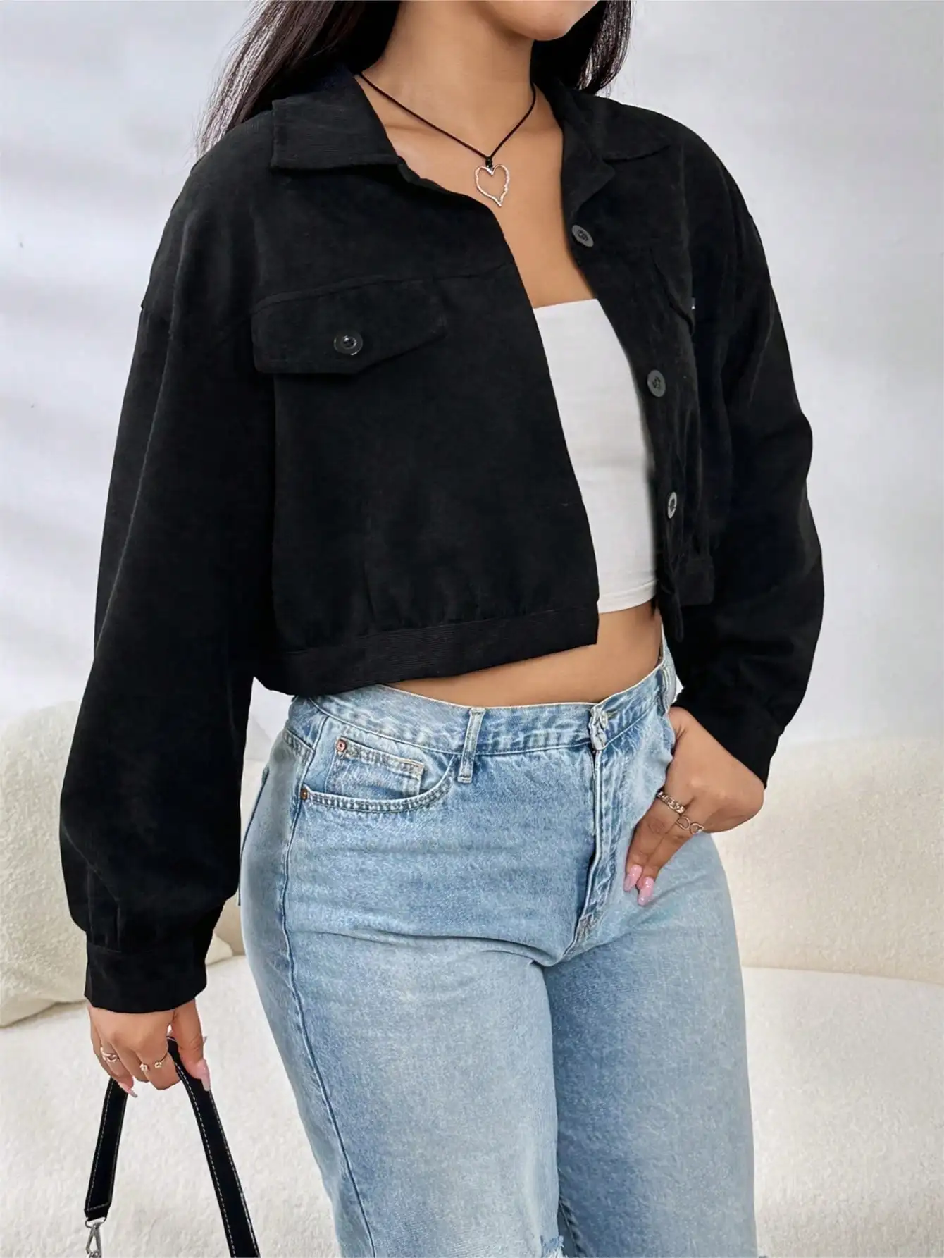 

Women's Black Corduroy Cropped Jacket with Flap Pockets and Dropped Shoulders