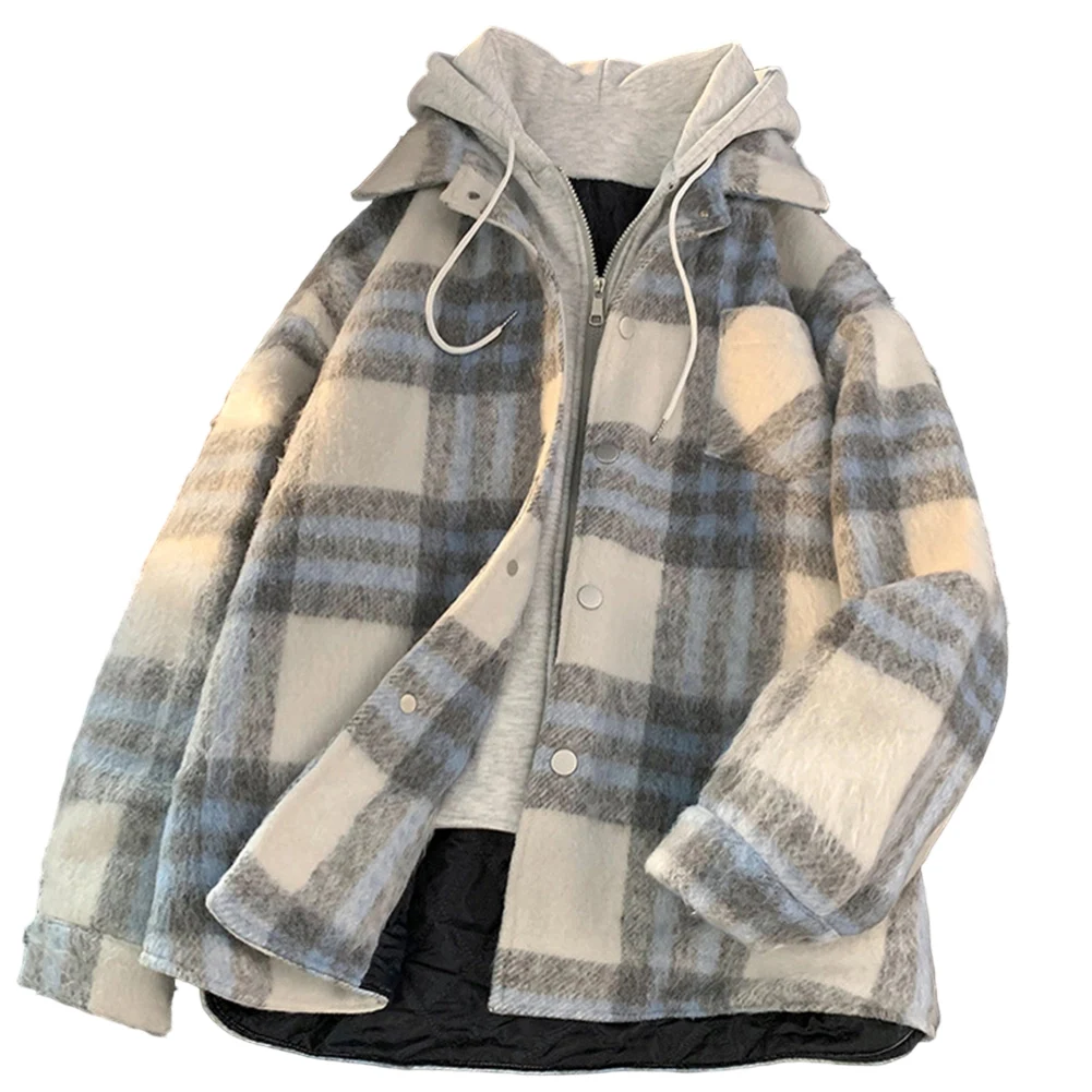 Daily Outings Black,Grey,Khaki As Pictures Show Loose Hooded Jacket Men Plaid Casual Cardigan Checked Cardigan