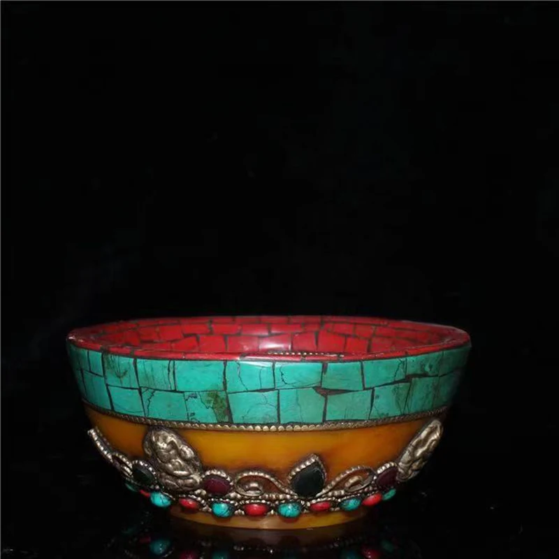 TIBET BUDDHISM RELIGION ARTIFICIAL RED CORAL RESIN TURQUOISE BEESWAX BUDDHA BEAD OFFERING BOWL