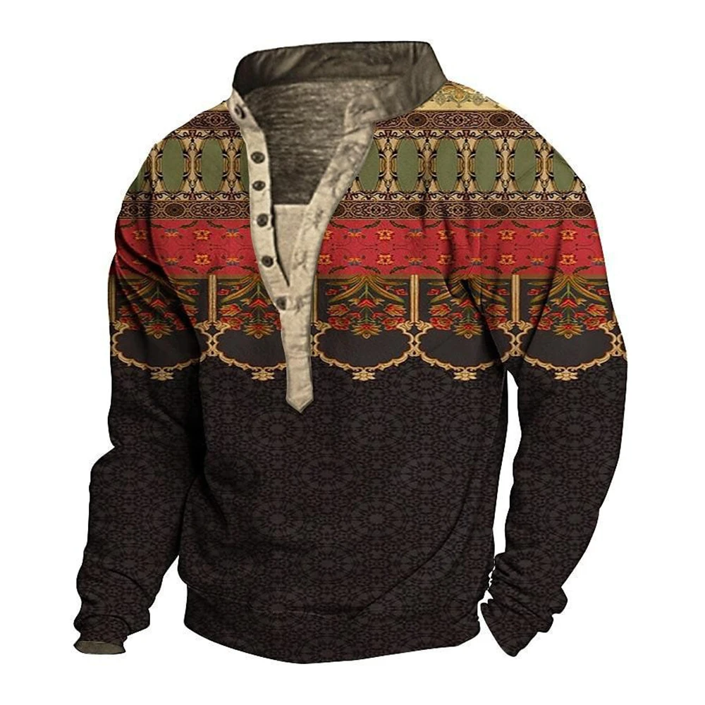 Men Tribal Totem  Ethnic Henley Collar Sweatshirt Graphic Pullover T Shirt Tops