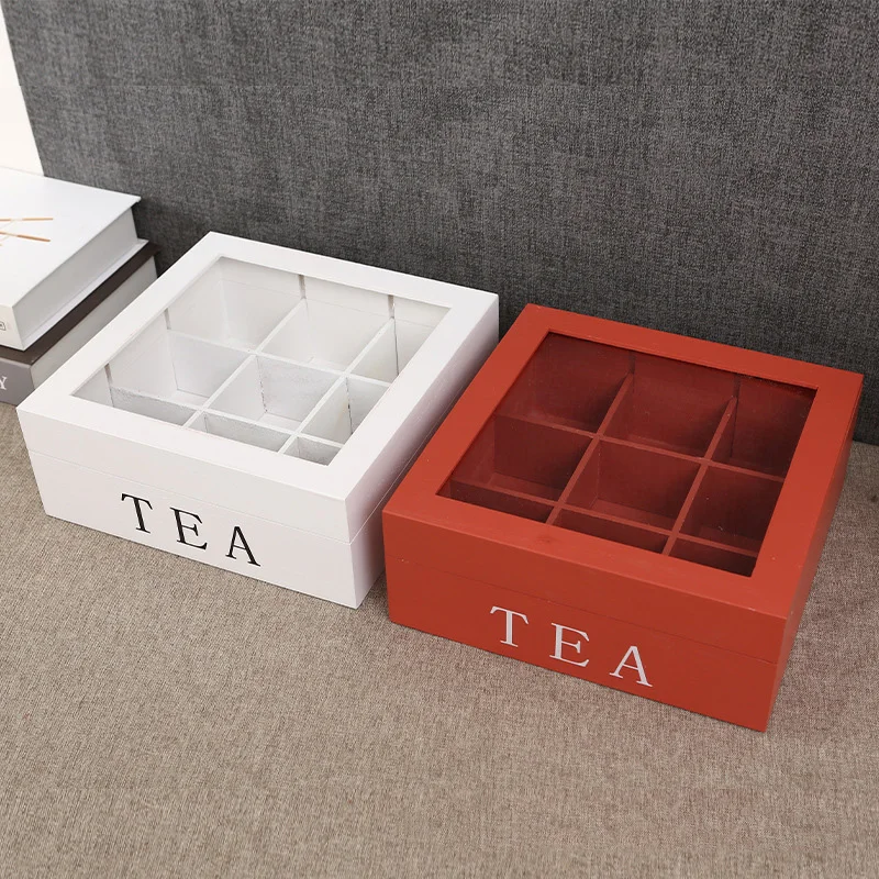 Tea Box Coffee Tea Bag Teacup Infuser Storage Holder with Lid 9Compartments Cabinets Home Wooden Storage Box Kitchen Jewelry Box