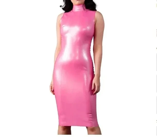 

Сексуальные розовые латексные длинные платья без рукавов по индивидуальному заказу, облегающие до колена с молнией сзади, разрезом внизу, клубная одежда