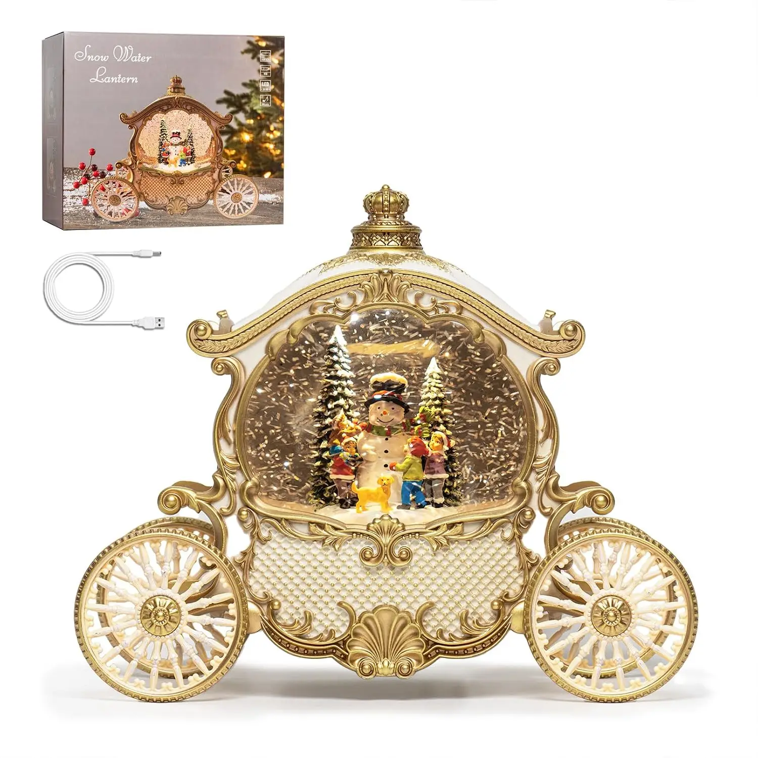 Christmas Carriage Snow Globe Lantern in White with Gift Box - Glitter Water Lantern Featuring Snowman Scene and Musical LED Light