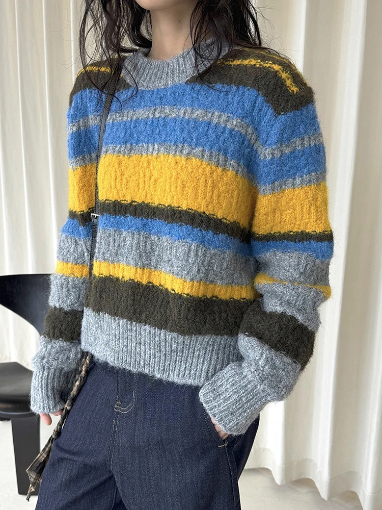 FANAN موضة مخطط التباين اللون الصوف الحياكة سترة للنساء كم طويل سميكة الدافئة البلوز القمم أنثى شتاء جديد