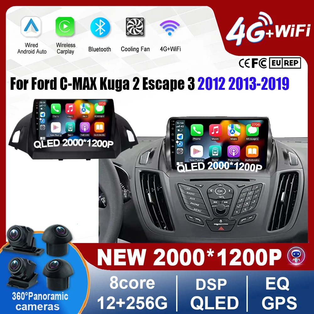 

QLED Screen Car Radio For Ford C-MAX Kuga 2 Escape 3 2012 2013-2019 Multimedia Video Player Navigation GPS Android Auto Carplay