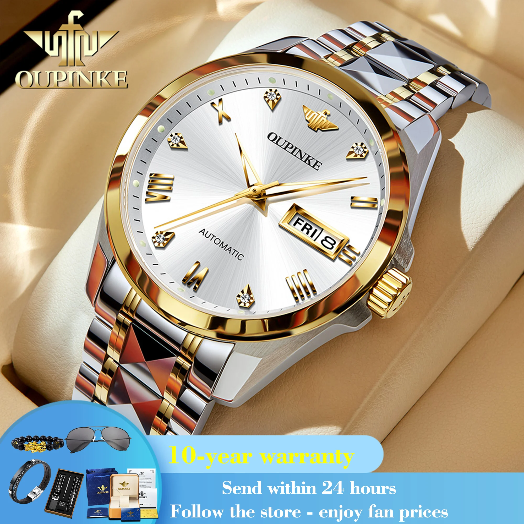 OUPINKE 3171 Dual Calendar Automatic Watch For Men Roman Scale Original Mechanical Wristwatch Synthetic Sapphire Mirror Watches