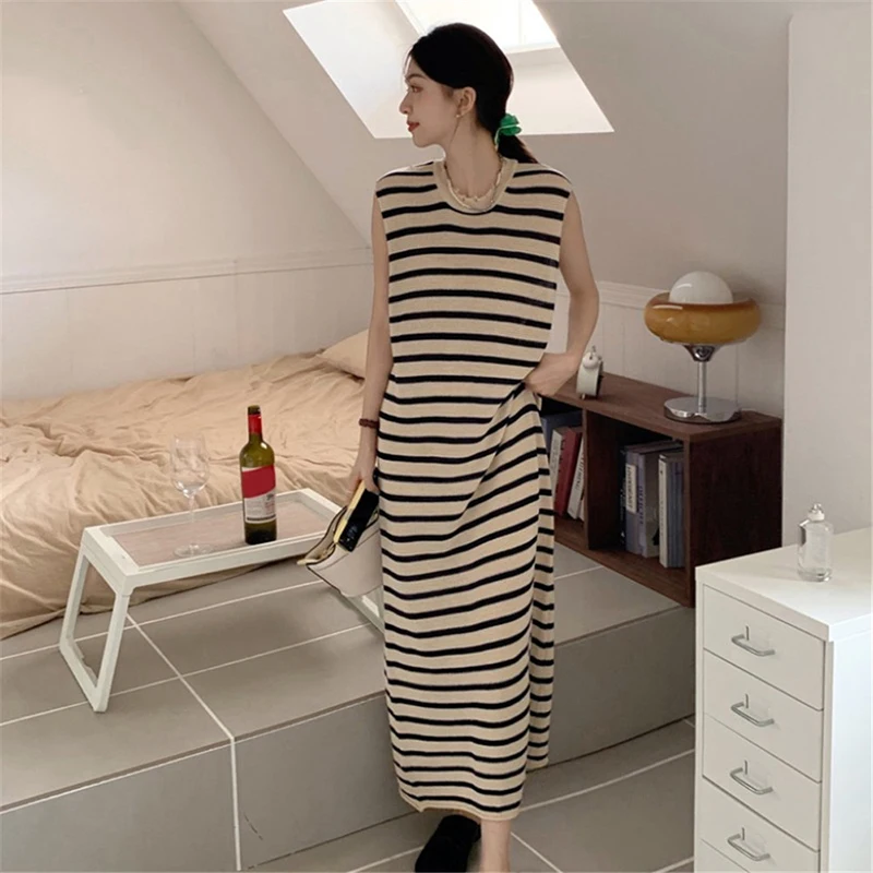 Sleeveless Dresses Women Striped Basic Korean Style Female Straight Casual Summer Long Dress