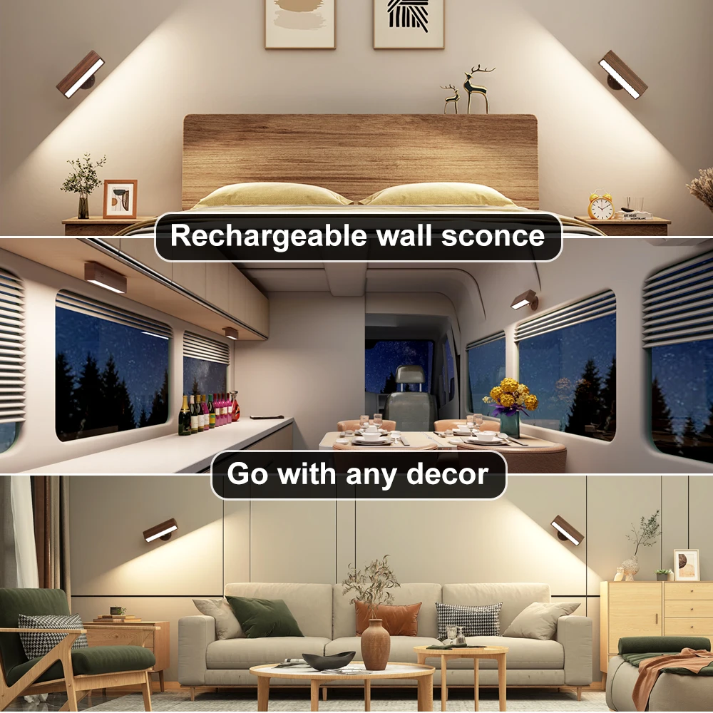 2 حزمة الشمال خشب متين شمعدانات جدارية قابلة للشحن مصابيح الليل 360 دوران عكس الضوء ملموس الجدار أضواء للقراءة لجانب السرير #6