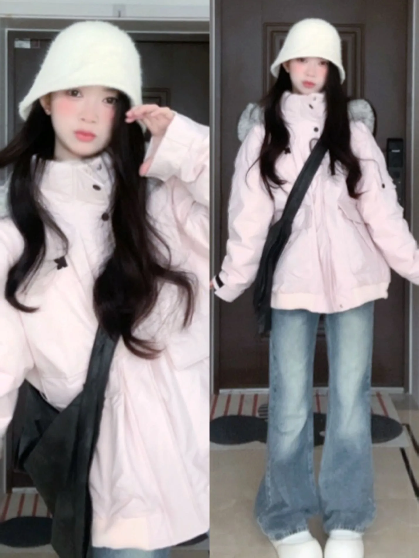 

Pink Fluffy Large Fur Collar Workwear down Cotton Jaet Women's Winter Korean Sle Trendy Brand Parka Coat Cotton Clothes