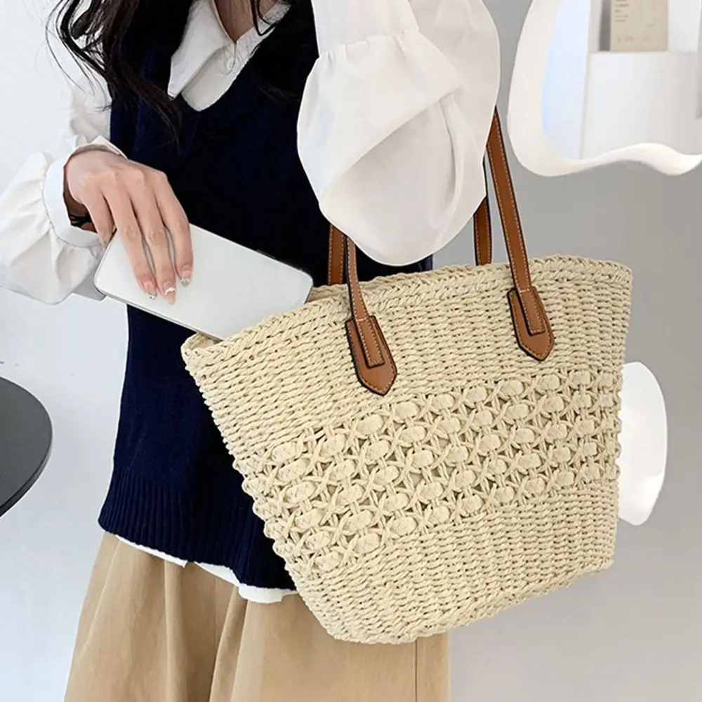 Women Casual Straw Handbags Wicker Woven Shoulder Bags Summer Beach Straw Bag Large Capacity Tote Lady Big Purses