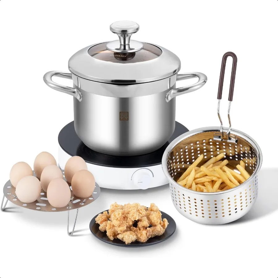 

Deep Fryer Pot with Basket and Lid4.0L 4.2QT 304 Stainl Steel Standard Capacity Multifunction Cooking Pot with Strainer Basket