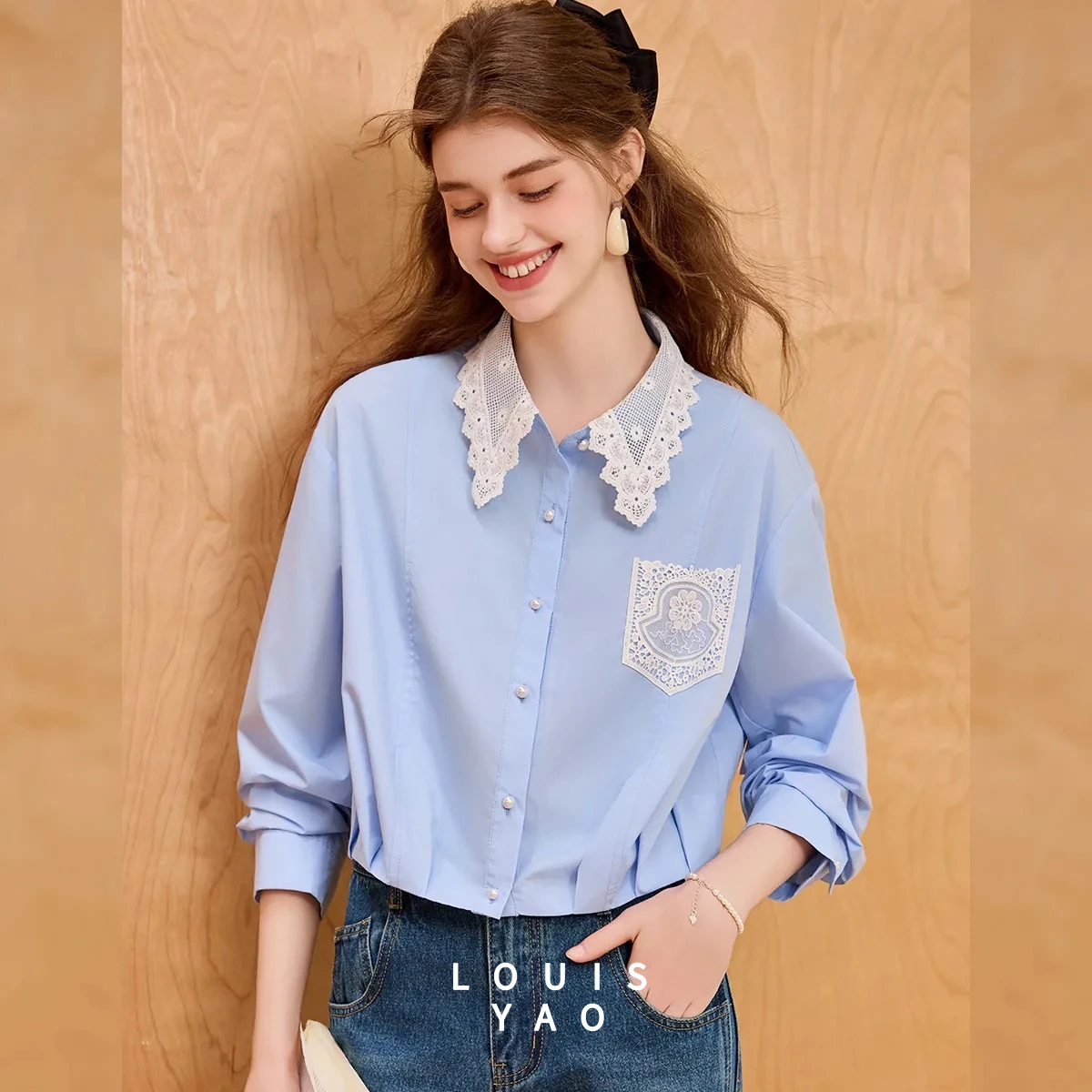 Collar Pocket Lace Splicing Shirt 2025 Autumn Women Commuter Drop Shoulder Sleeve Elegant Blouse Top 