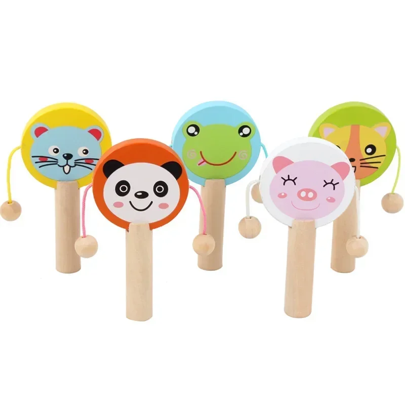 Baby Cartoon Wooden Rattle Music Toys Kid Wooden Rattle Drum Musical Instrument Percussion Toys Child Education Tool Gifts