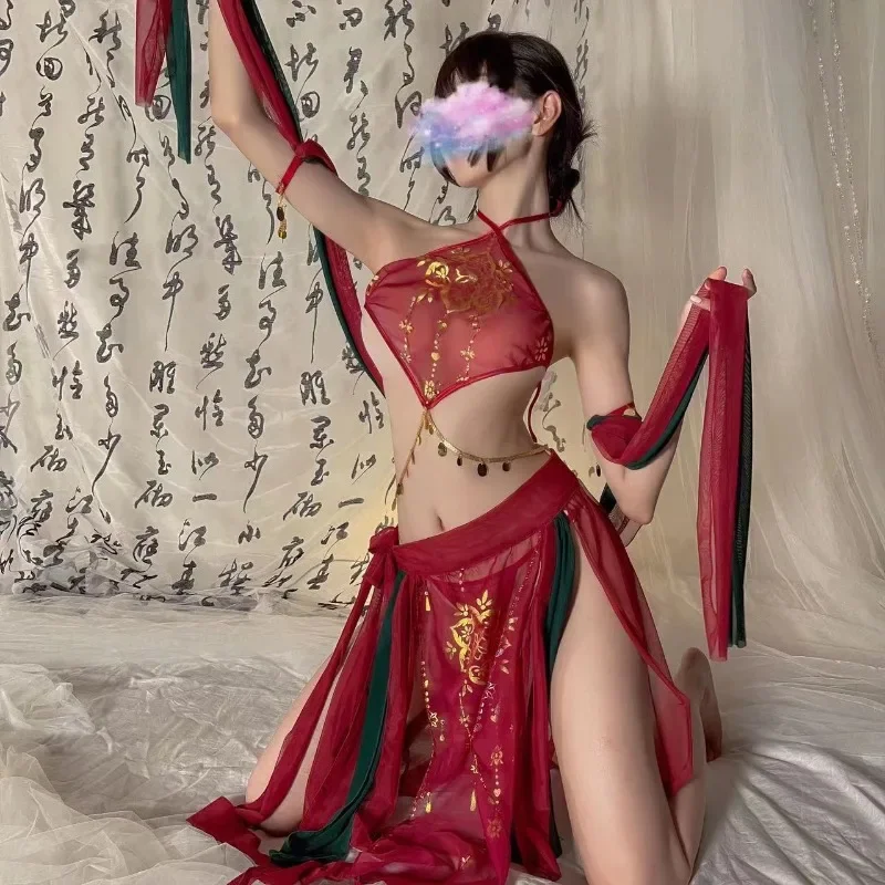

Chinese Classical Lingerie Mesh Lace Floral Dress Sexy Anime Cosplay Nightdress High Split Stage Costumes Hot Nightclub Uniform
