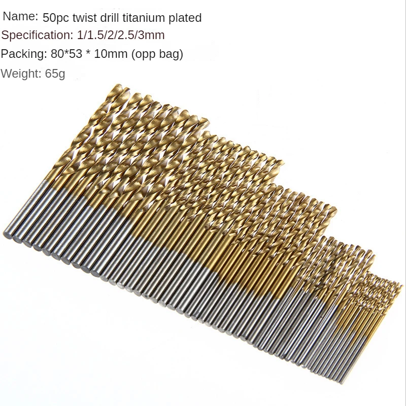 50pcs Titanium Coated Drill Bits Set 1/1.5/2/2.5/3mm titanium plated high-speed steel For Metal Wood Aluminum Drilling Tools