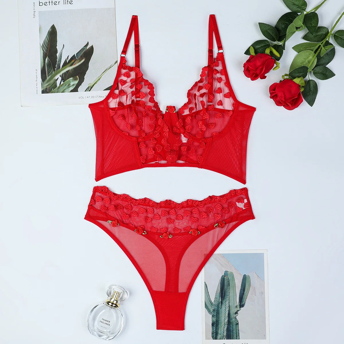 

Women Sexy Lace Exotic Bra Set See Through Elegant Lingerie Thin Heart Print Embroidery Underwear Bra and Panty Set
