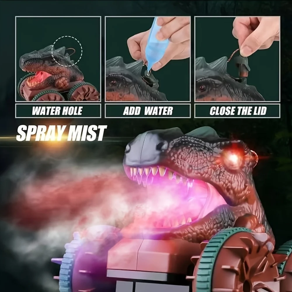 Amphibious 2.4GHz RC Stunt Car, Shark & Dinosaur 4WD 360° Rotation Waterproof Toy Car with Spray Light, Kereta Control Mainan Bu