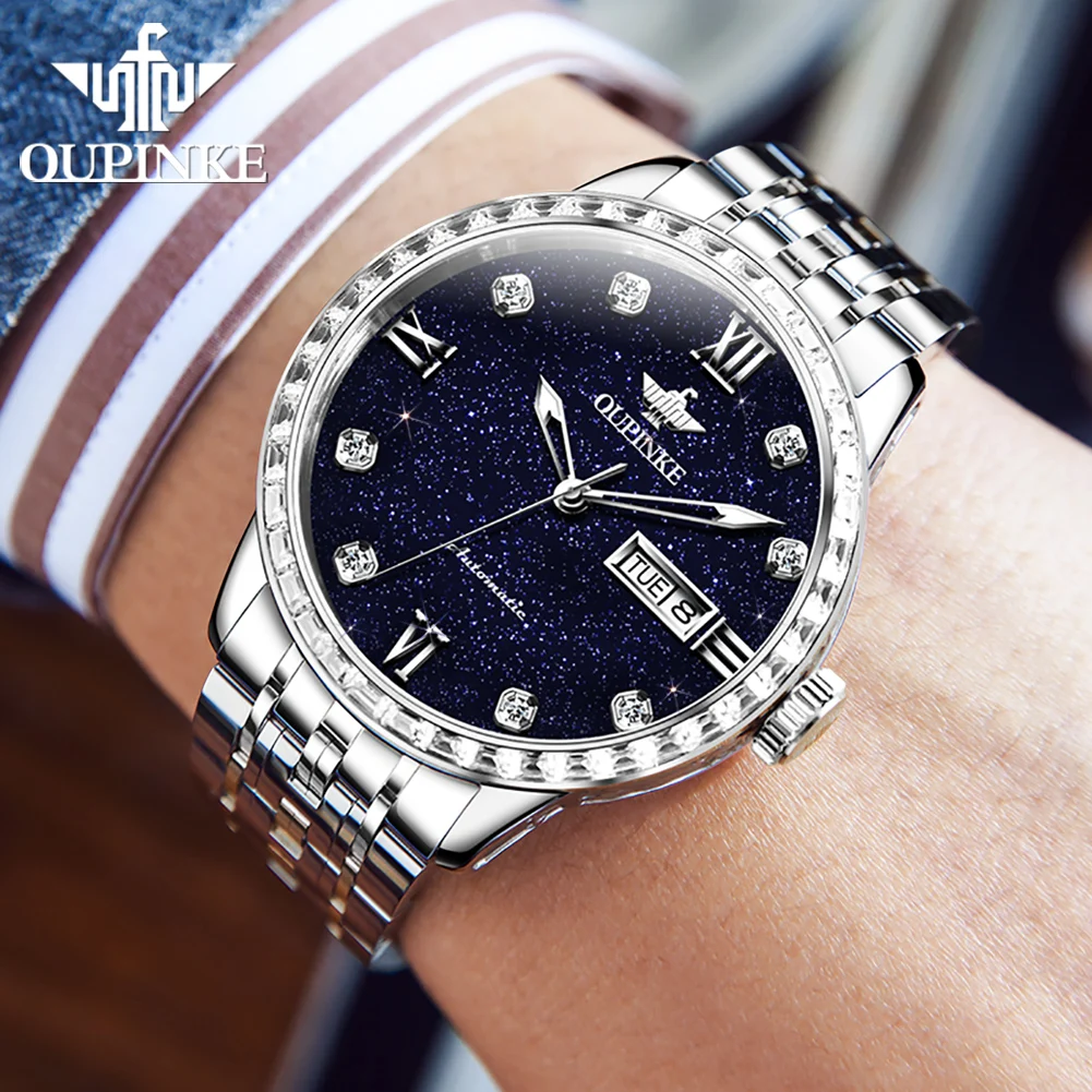 OUPINKE 3241 Luxury Automatic Watch For Men Dual Calendar Starry Sky Original Mechanical Man Watches 50M Waterproof Hand Clock