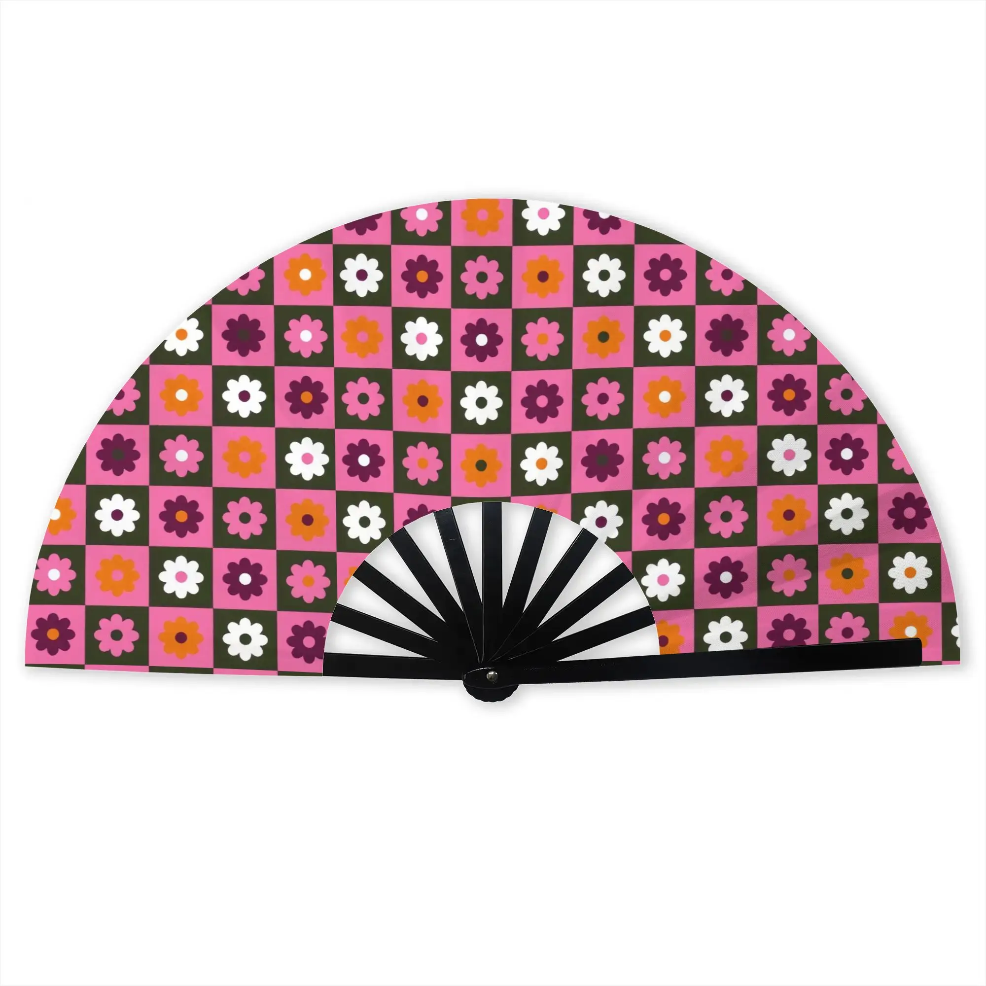 Checkered Plaid Daisy Flowers  Folding Hand Fan  Polyester Fabric Fan Novelty Summer Accessory Decorative Fans