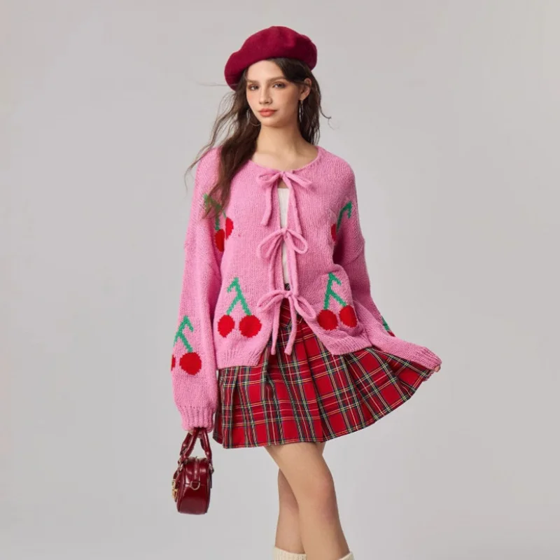 

Европейский и американский свободный повседневный жаккардовый свитер на шнуровке с бантом, кардиган