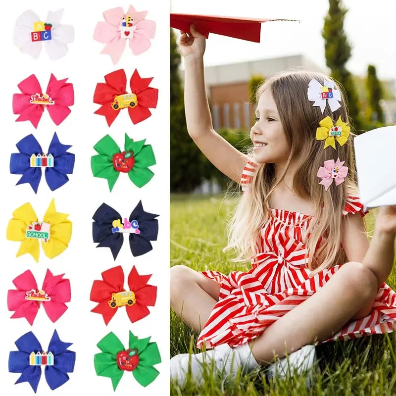 Ncmama 8Pcs Candy Ribbon Bow Hairpin Back To School Hair Bow Clip per bambini ragazze Cute Bus Letter Barrettes accessori per capelli per bambini