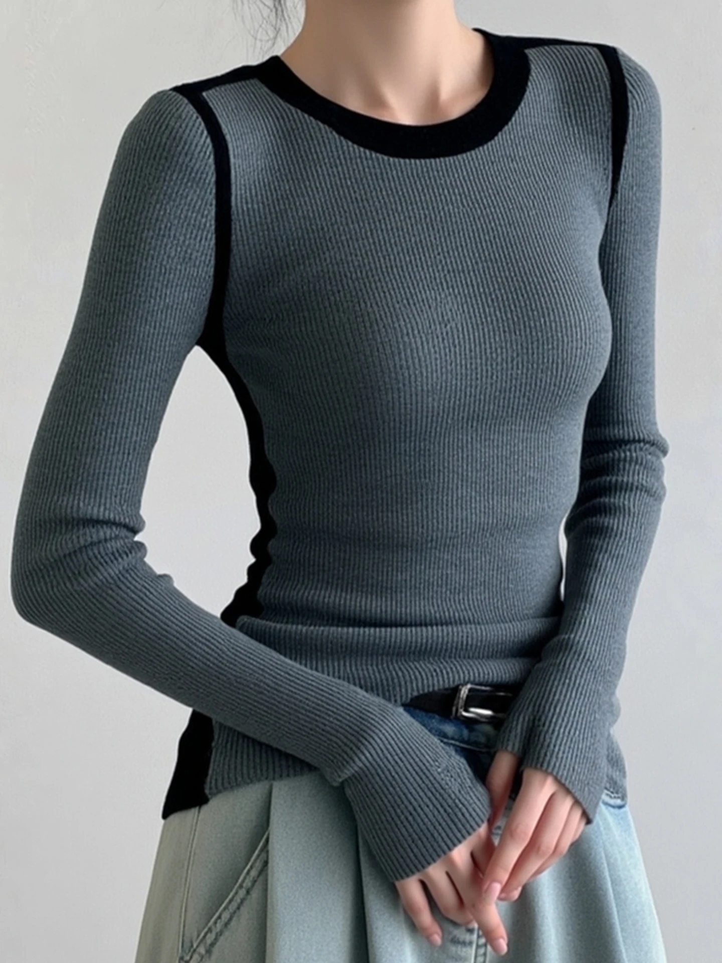 

Трикотаж Camere в стиле ретро Long Sve round Ne Base irt Slim Fit, корейский Sle Commute Faion, осень 2021, Poetic Lin, женский...