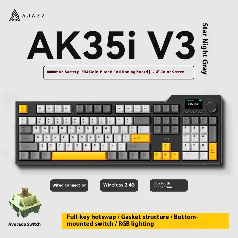 

Горячая Ajazz Ak35i V3 Max трехрежимная проводная Bluetooth беспроводная игровая клавиатура прокладка полноклавишная горячая замена 104 клавиши индивидуальная клавиатура