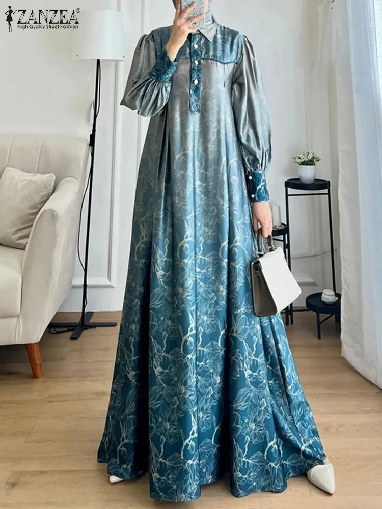 ZANZEA Elegant Women Spring Long Sleeve Muslim Abaya Hijab Sundress Robe Femme Floral Printed Maxi Long Dress Islamic Clothing