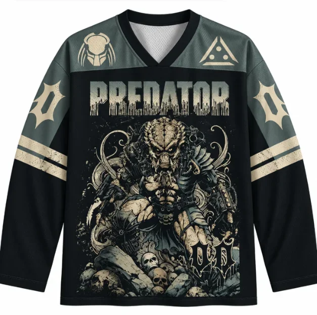 Predator Movie Long Sleeve Hockey Jersey Men Women Oversized Streetwear V-neck Retro Horror Sci-fi Graphic Jersey Men's T-shirt