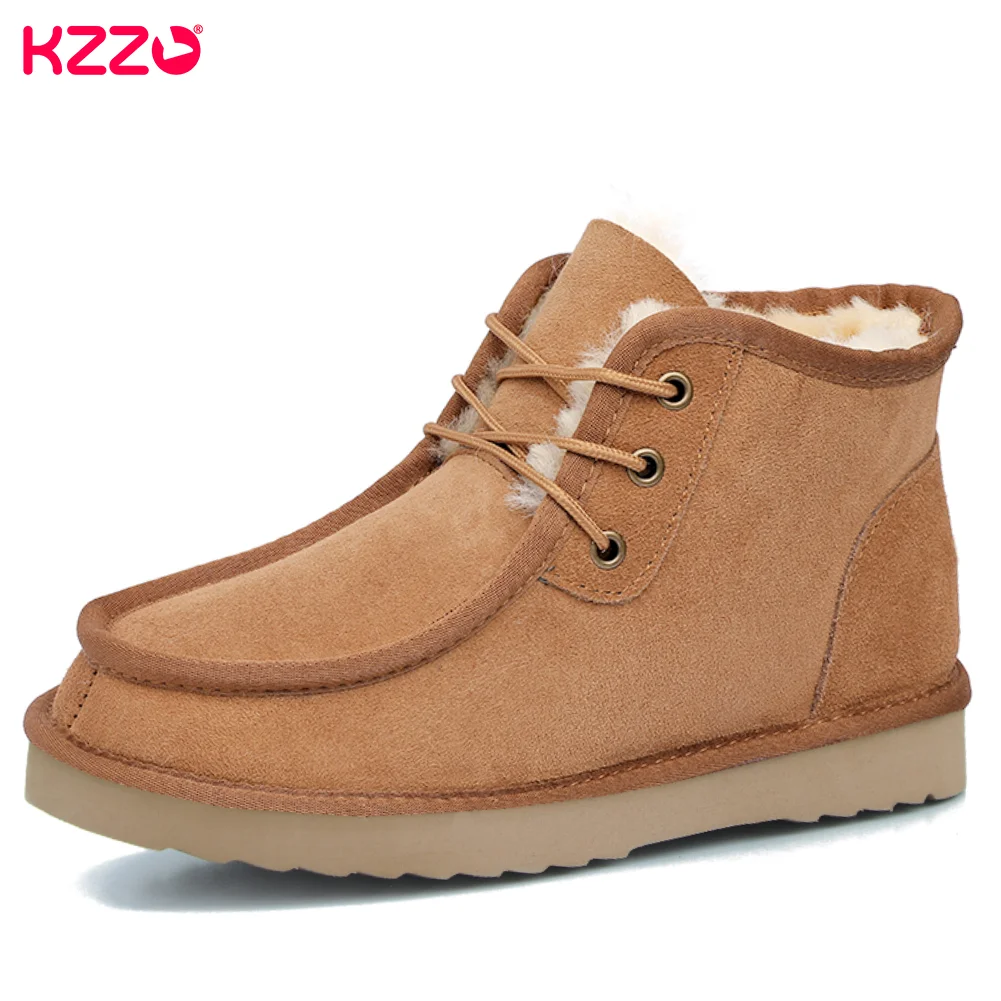 KZZO 2023 Real Sheepskin Lace-up Snow Boots Men Leather Winter Short Ankle Natural Sheep Wool Fur Lined Warm Shoes Size 37-48