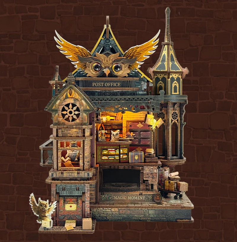 NEW DIY Wooden Miniature Model Kit Owl Post Office Casa 3D Puzzle Doll Houses With Furniture Lights for Friends Birthday Gifts