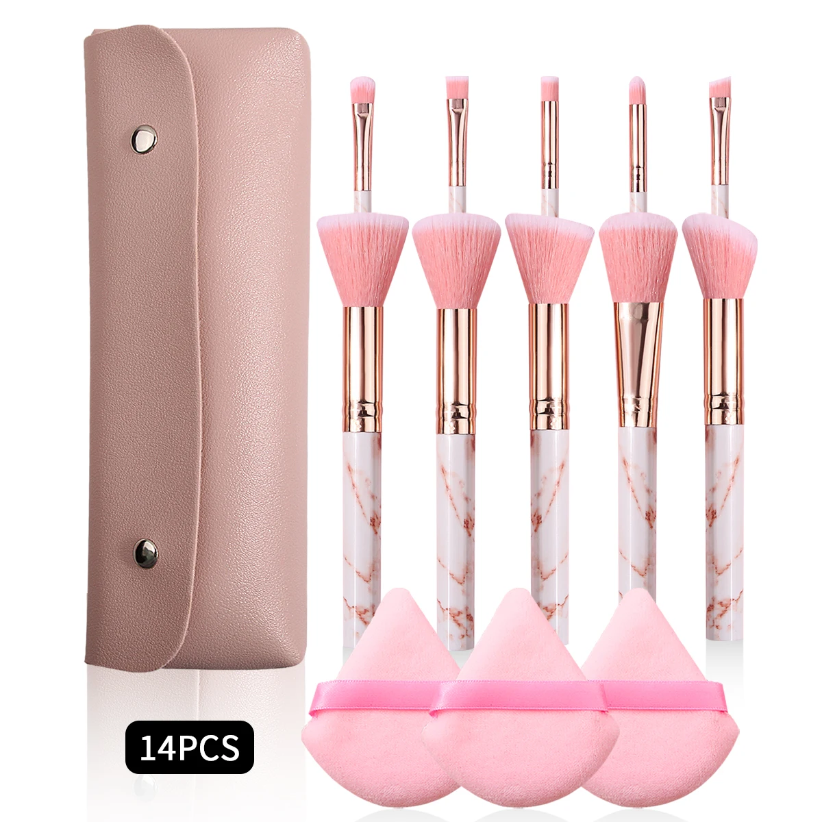 14PCS pink set with 10 marble makeup brushes +3pcs setting triangle powder puff +1pcs double button makeup brush storage bag