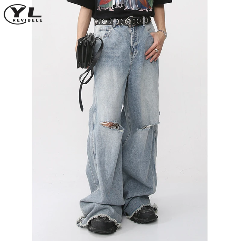 Vintage Baggy Wide Leg Jeans Man Harajuku Oversized Hole Wash Denim Pants Male High Street Punk Spring Summer Straight Trousers