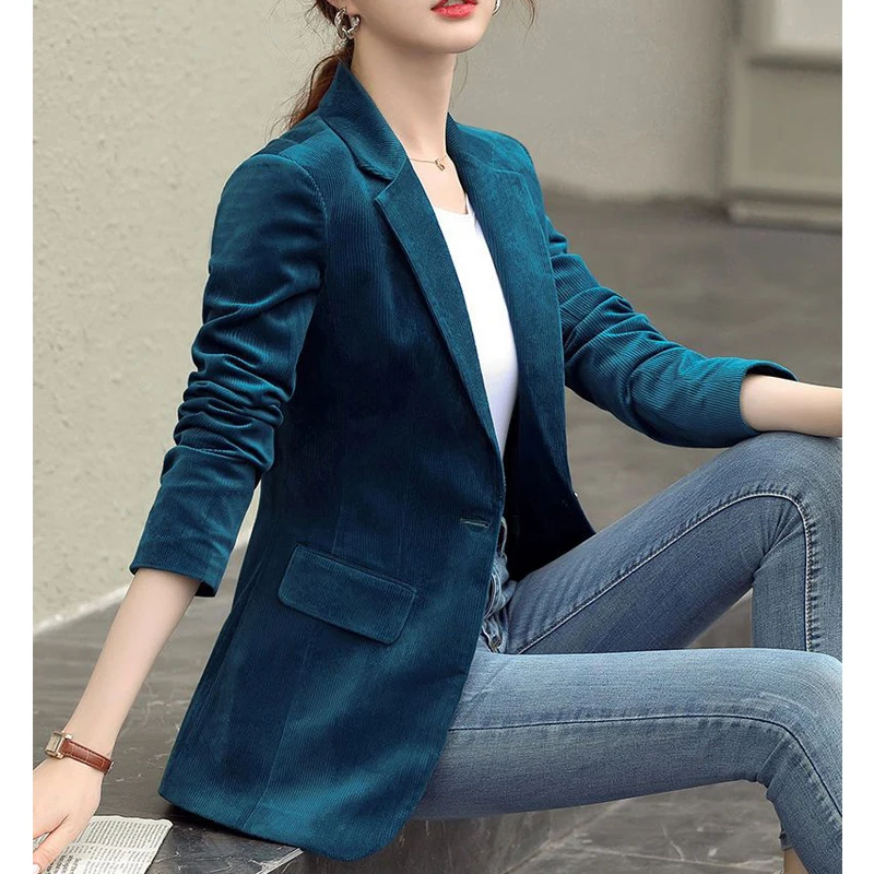 2 Piece Sets Women Vintage Corduroy Elegant Suit Office Lady Long Sleeve Business Casual Blazer Jacket High Waist Straight Pants