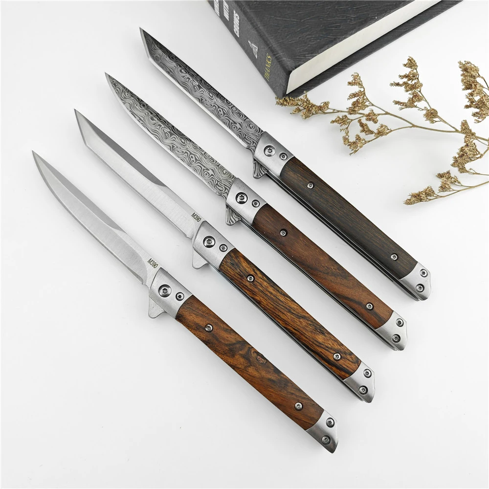 

Damascus Pattern Folding Knife 5Cr13Mov Blade Colored Wood Handle Portable EDC Outdoor Pocket Knife With PU Leather Sheath