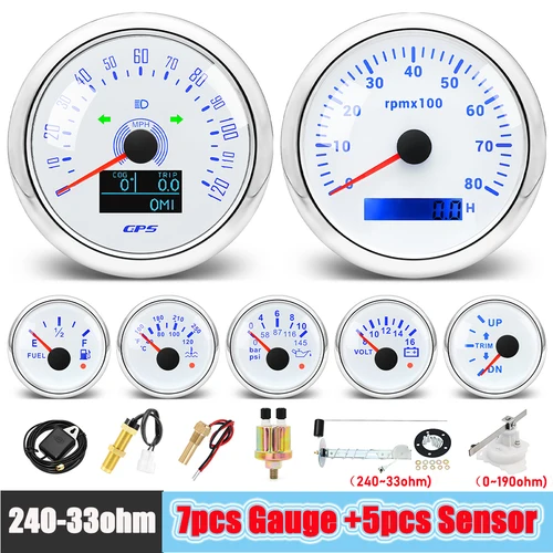 Juego de 7 medidores, velocímetro GPS blanco de 85mm, tacómetro de 12V/24V y combustible/temperatura/aceite/voltios de 52mm con sensores impermeables para barco marino, coche personalizado